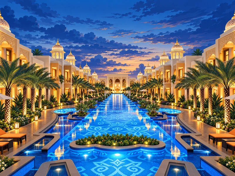 Kaldan Samudra Palace with a blue illuminated pool and palace buildings at dusk