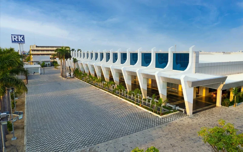RK Convention Centre with its white facade, blue windows and spacious forecourt